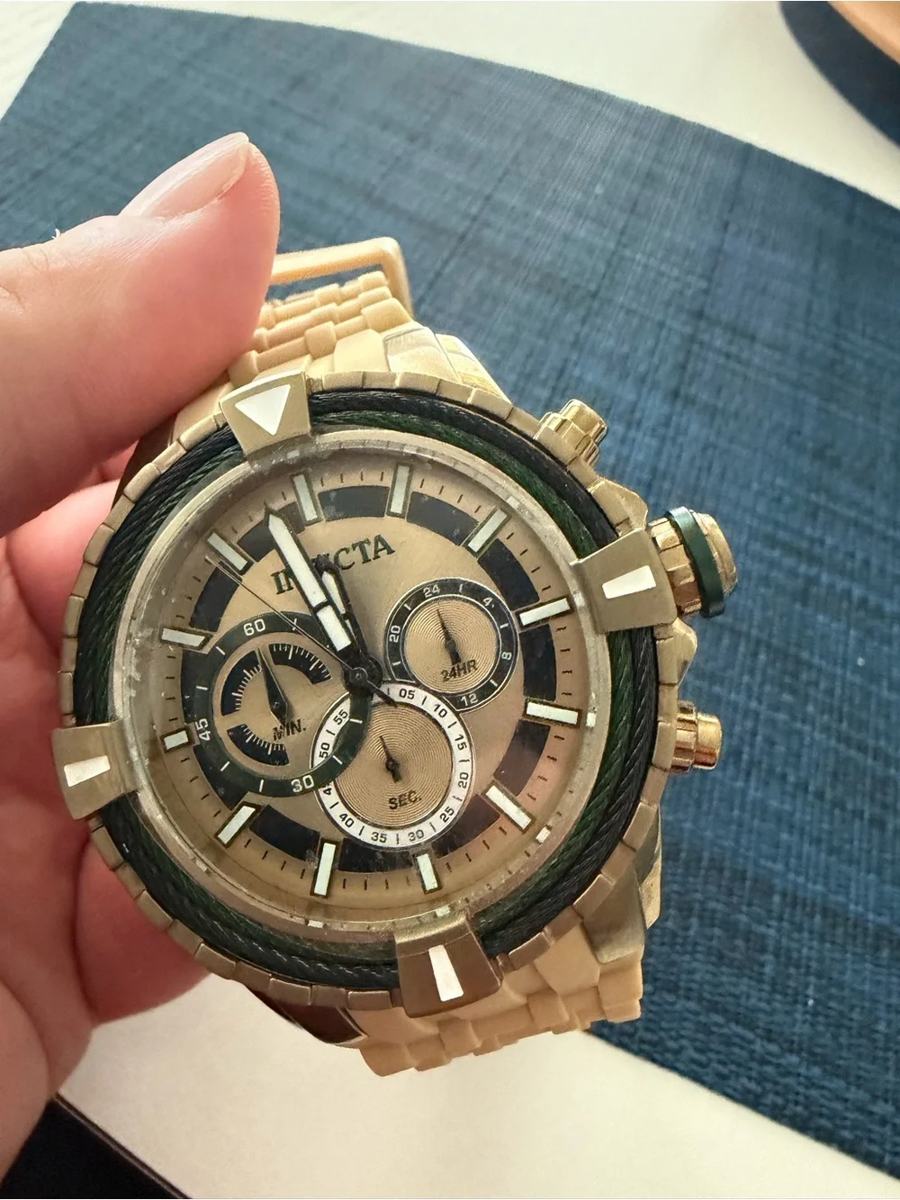 Invicta Beige Watch with Green Accent Chronograph